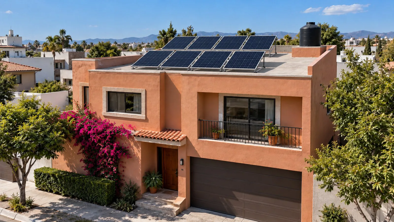Casa mexicana de dos pisos con losa plana y paneles solares en filas inclinadas sobre el techo
