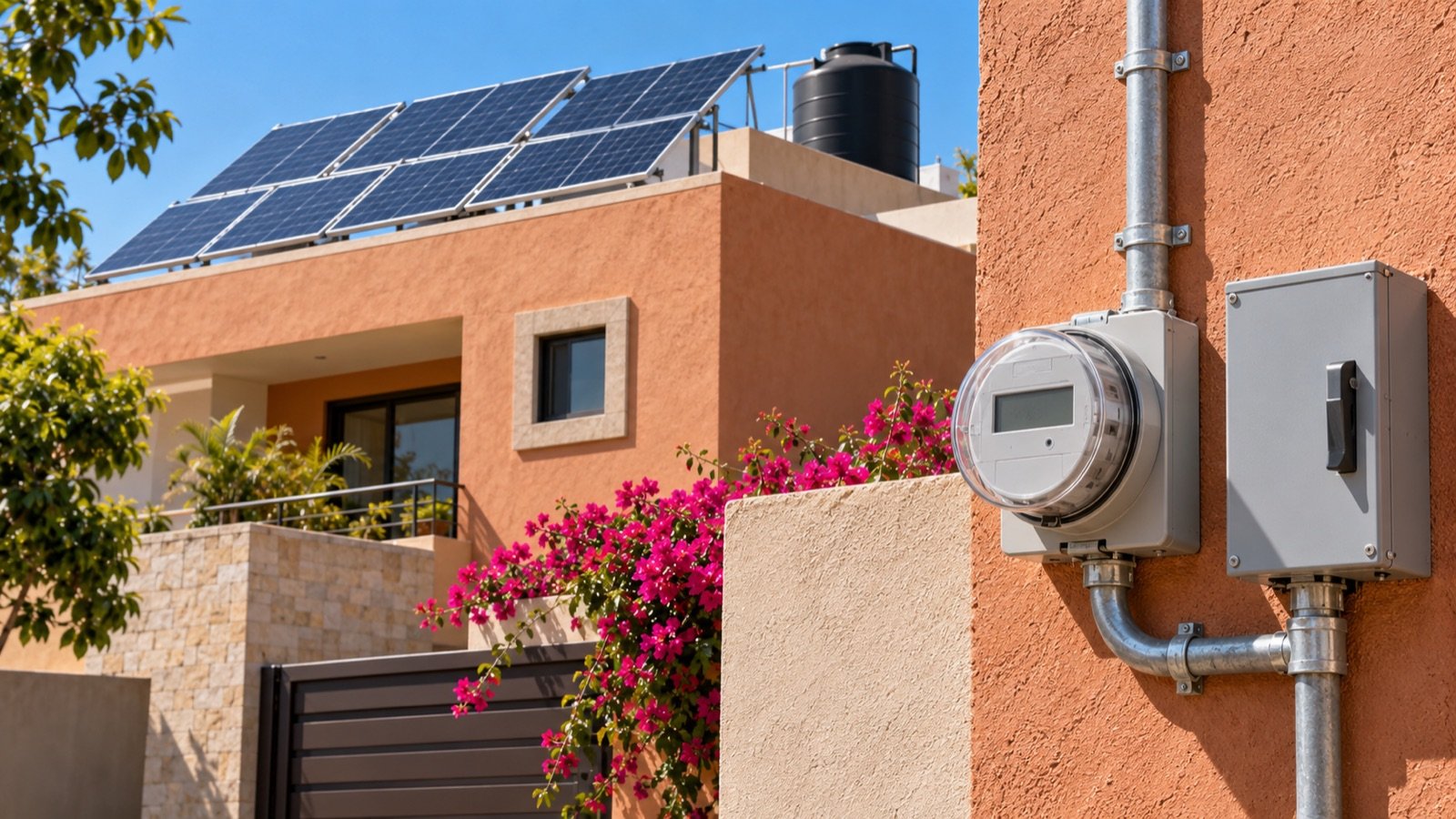 Fachada de una casa mexicana con medidor eléctrico e interruptor en el muro y paneles solares en la azotea (imagen generada con IA)